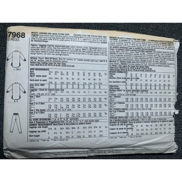 Simplicity Misses Shirt Leggings Pant Sewing Pattern sz 12-18 7968 - uncut - Picture 2 of 3